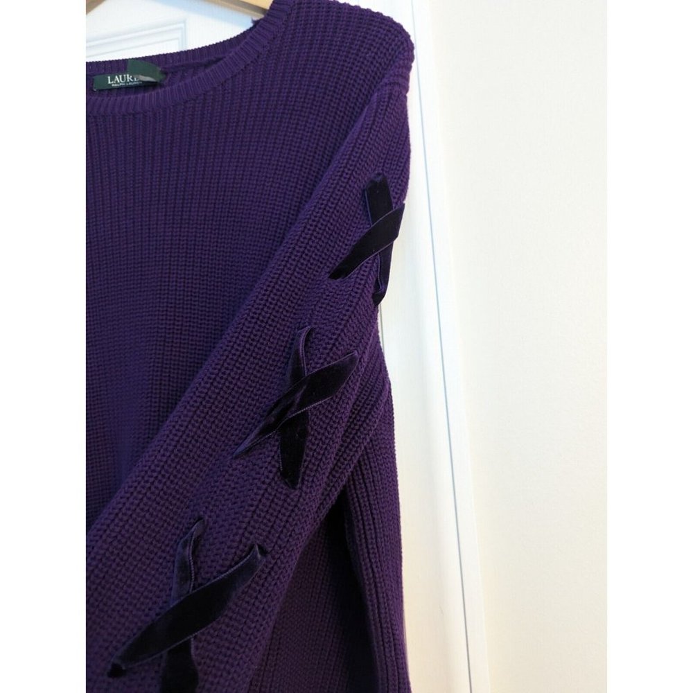 LRL Ralph Lauren Womens 2X Velvet Lace Up Sleeve Pullover Sweater Purple - Picture 3 of 9